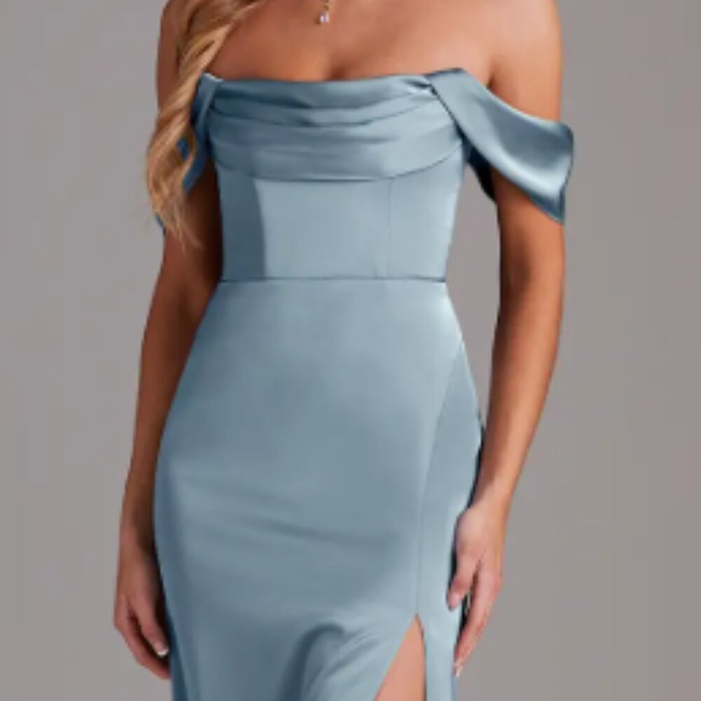 Dusty Blue Sheath Off the Shoulder Stretch Satin Dress